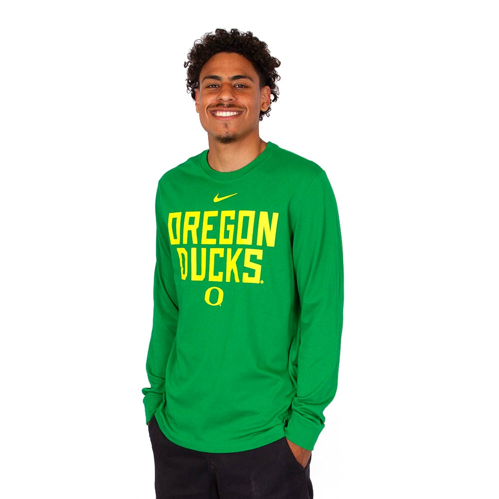 Classic Oregon O, Nike, Green, Crew Neck, Performance/Dri-FIT, Men, 160 gsm, Sideline, Long sleeve, T-Shirt, 883764